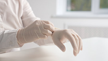 Close up of a person carefully putting on protective medical gloves, emphasizing safety and hygiene.の写真素材