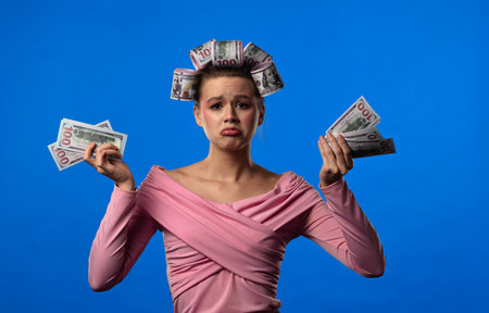 A woman in a pink blouse, with curlers shaped like banknotes in her hair, is standing on a blue...