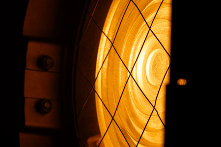 Close up of a glowing orange stage spotlight showing metal parts, bolts, and protective wire mesh. Lighting equipment backstage.の写真素材