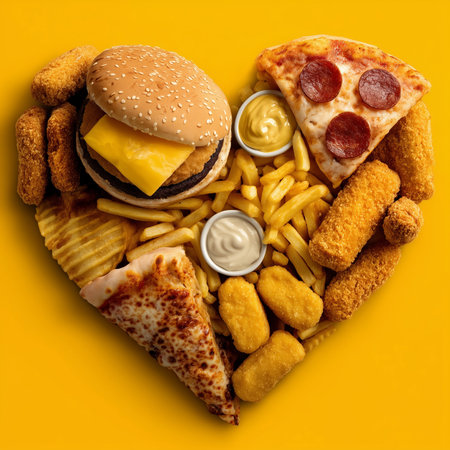 A heart-shaped arrangement of fast food including a cheeseburger, pizza slices, fries, and nuggets on a vibrant yellow background. Generative AI.の素材
