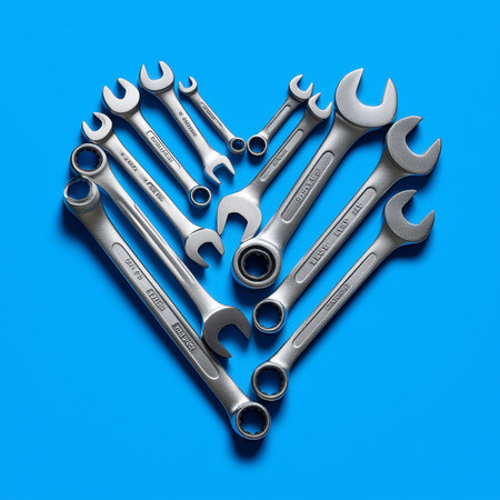 Creative display of various sized silver wrenches arranged in a heart shape on a vibrant blue background. Generative AI.の素材