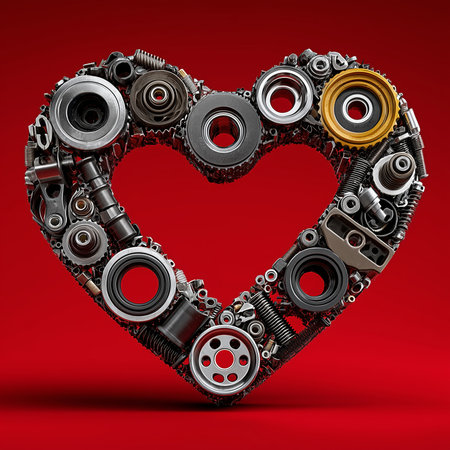 A heart shape made from various mechanical gears and parts against a solid red background. Generative AI.の素材