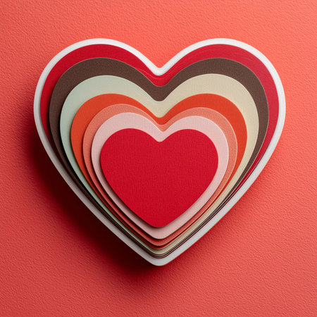 A visually appealing layered multicolored heart design made of paper, on a textured, vibrant background. Generative AI.の素材