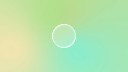 A minimalist round button made of liquid glass, floating on a background with a soft mint green...