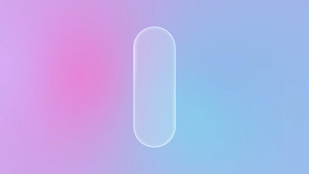 Minimalist glass liquid button in glassmorphism style with rounded corners on a soft blue and pink...