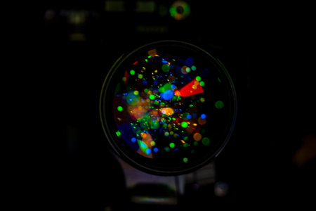 Colorful bokeh lights reflected in a camera lens, creating a vibrant and artistic visual effect.