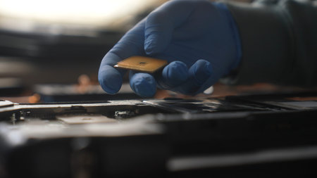 Close up of a technician wearing gloves carefully handling a central processing unit in a computer...
