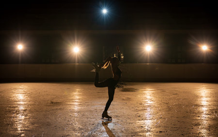 Figure skater performing choreography in stage dress on an indoor ice rink under bright warm...