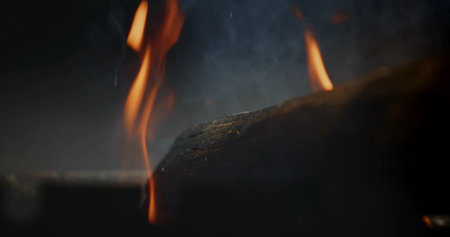 Low key close up of orange flames and smoke behind a dark log, creating a moody fire background for...