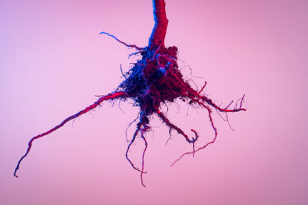 Hanging plant root system with soil illuminated by blue and pink neon light on gradient background,...