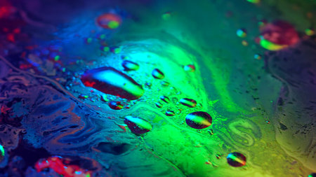 Colorful abstract divorces of oily liquid with neon red, blue and green highlights. Bubbles, stains...