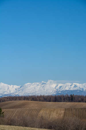 Upland fields and snow-capped mountains on a sunny spring dayの写真素材