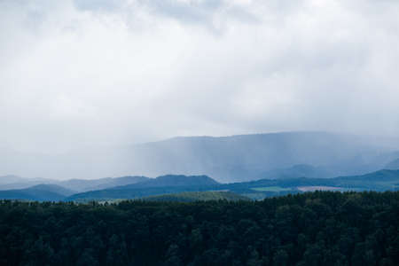 Hilly upland field after rainの写真素材