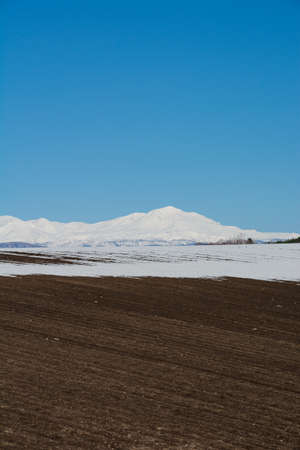 Field with residual snow and snowy mountains