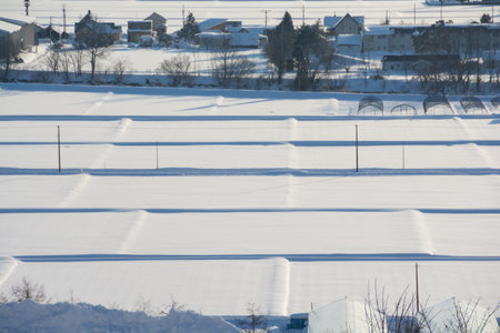 snow-covered paddy field in a small village in winterの写真素材