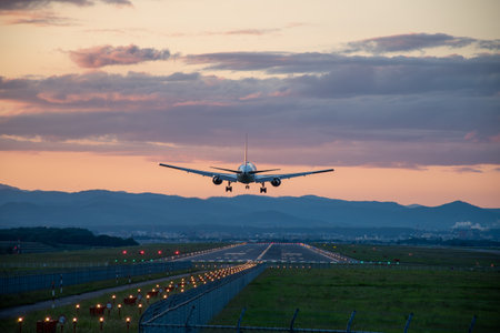 Jet plane landing at an airport at dusk