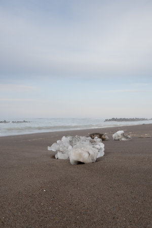 Pieces of drift ice left on the beach in early spring