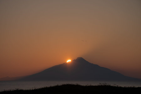 Sunset over the mountain silhouette, Hokkaido Japan
