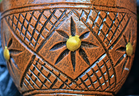 Pottery decorated to create beautiful patterns by human beings. Not using machinesの写真素材