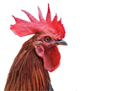 Most roosters have a large red crest on their head. White backgroundの写真素材