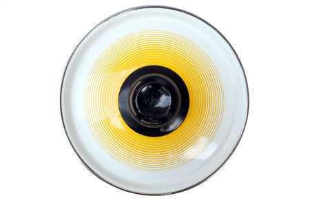 The lid of the pot has a beautiful pattern and a colorful circle shape. view from above, isolated on white backgroundの写真素材