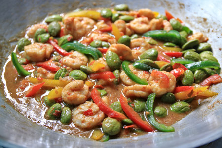 Local food in southern Thailand in the pan, stir fried with beans, spinach, spicy and added with shrimp.の写真素材