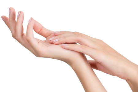 Beauty asian woman hand in relaxing and massage, isolate on a white background.の写真素材