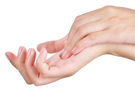 Beauty asian woman hand in relaxing and massage, isolate on a white background.の写真素材