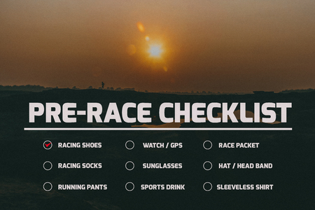 Pre-race checklist for Preparing for Marathon, racing shoes, watch/gps, race packet, racing socks, sunglasses, hat/head band, running pants, sport drink, sleeveless shirt on Runner background Checklist.の写真素材