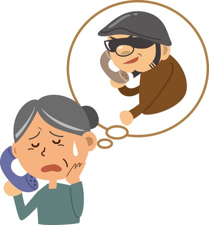 Ole or scam. Image illustration of an elderly woman being asked for money from a criminalのイラスト素材