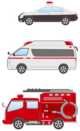 Image illustration set of police cars, ambulances, and fire enginesのイラスト素材