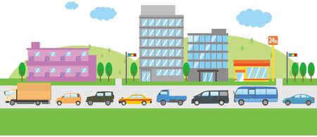 Image illustration of a town congested with traffic jams (one lane)のイラスト素材