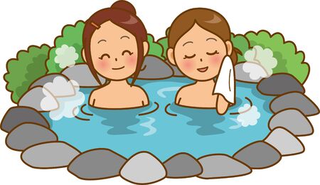 Image of a woman in a hot spring (open-air bath)のイラスト素材