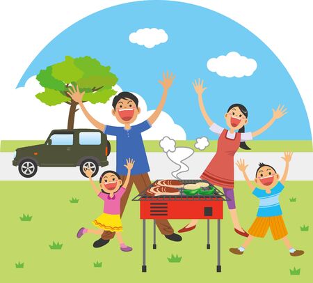 Image illustration of having a barbecue with the familyのイラスト素材
