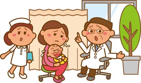 Image illustration of a mother holding a crying baby and visitingのイラスト素材