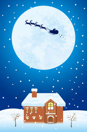 The silhouette of the full moon and Santa Claus (a house covered with snow)のイラスト素材