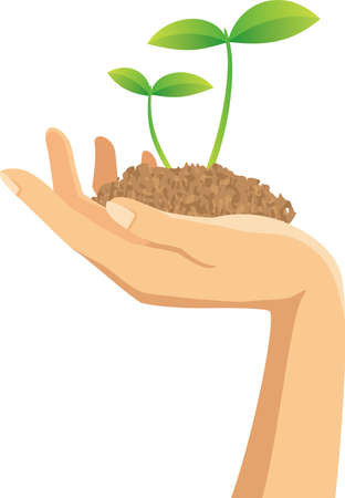 Image illustration of a hand with a soil with new shootsのイラスト素材