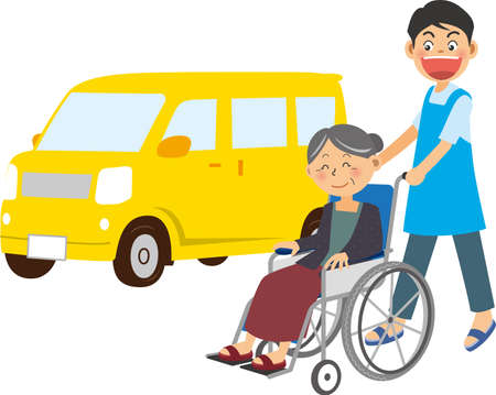 Image illustration of a man pushing a wheelchair and a car (nursing care)のイラスト素材