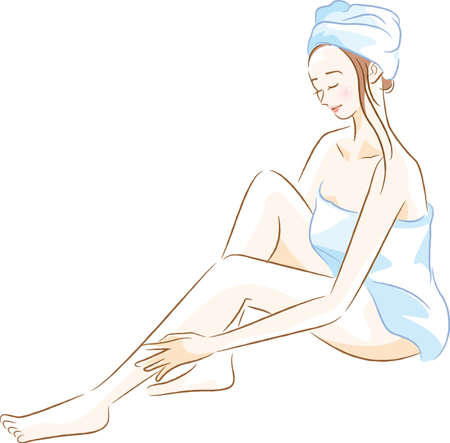 Image illustration of a woman doing leg skin careのイラスト素材
