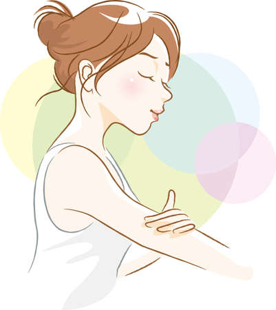 Image illustration of a woman doing arm skin careのイラスト素材