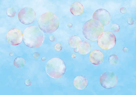 Image illustration of soap bubble floating in blue sky (watercolor style)