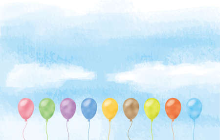 Image illustration of colorful balloon floating in blue sky (watercolor style pastel)のイラスト素材
