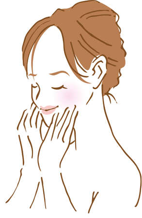Image illustration of woman's profile with both hands on face (hand drawn)のイラスト素材