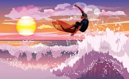Image illustration of a man surfing in the sea (sunset)