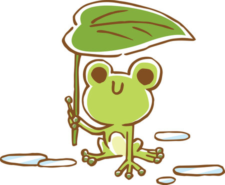 Image illustration of a cute frog holding a leaf umbrellaのイラスト素材