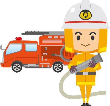 Image illustration of a male firefighter and a fire engineのイラスト素材