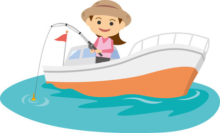 Image illustration of a woman fishing from a boatのイラスト素材