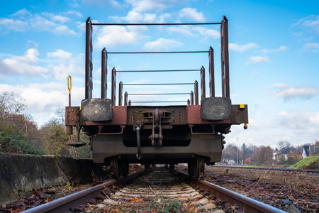 Empty railway freight wagon. on the railway track. Front view.の写真素材