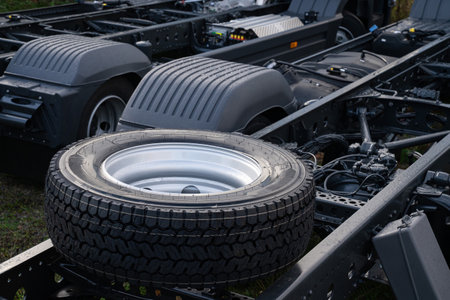 New spare wheel lying on the frame of a truck. New trucks for sale.