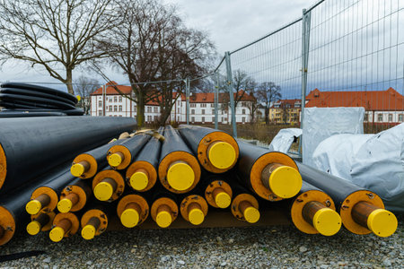 Black isolated heating large pipes with yellow plastic plugs lie on a construction site. Trees and residential buildings in the backgroundの写真素材